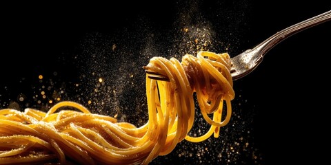 A close up shot of a silver fork twirling golden spaghetti topped