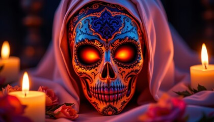 Colorful sugar skull decoration with glowing eyes and candlelight on a festive background for D&iacute;a de los Muertos celebration