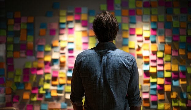 Man standing in front of a wall covered with colorful sticky notes in a brainstorming session