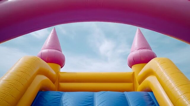 Colorful inflatable castle under blue sky, vibrant playground structure evokes childhood joy, ideal for summer festivities and birthday celebrations