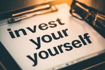 morning light on clean workspace, &acirc;&euro;&oelig;invest in yourself&acirc;&euro; message on tablet