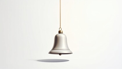 A simple and elegant Christmas bell hanging on a thin ribbon, against a white backdrop with soft lighting.