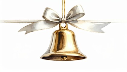 A minimalist Christmas bell on a thin ribbon, glowing under soft light against a white background.