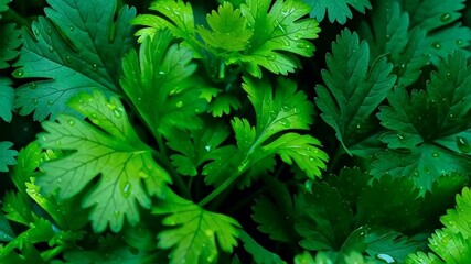 Fresh parsley leaves with dewdrops, vibrant green foliage creates a lush garden feel, perfect for spring gardening or culinary inspiration