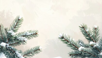 A simple, minimalist arrangement of pine branches dusted with snow on a light background.