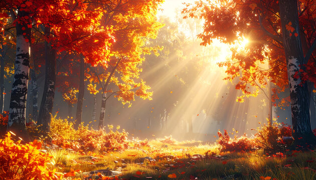 Golden sunbeams shining through a vibrant autumn forest landscape.