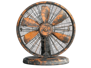 Rusted orange desk fan with cage and base, showing wear and age
