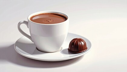 A cozy cup of hot chocolate paired with candy on a small plate, against a soft white-gray backdrop.