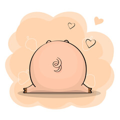 Cute cartoon pig from the back. Vector illustration of animal with hearts on orange background.