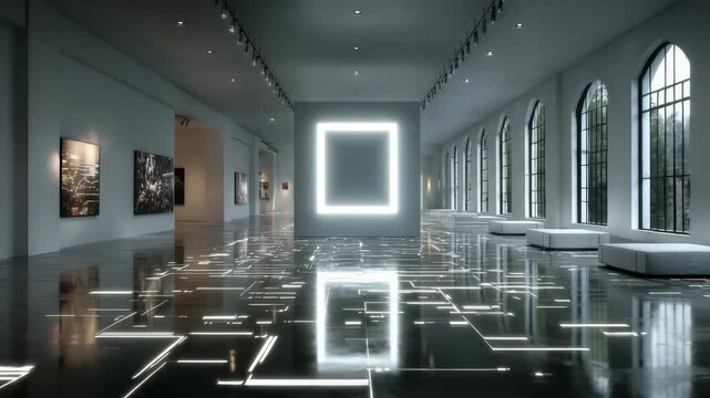 Modern Art Gallery with Contemporary Lighting and Reflective Floor in Minimalist Design