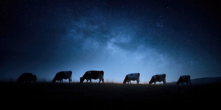 A group of cow silhouettes grazing under a sprawling night