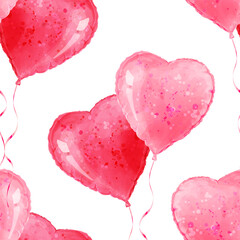 Seamless pattern with pink heart-shaped balloons. Vector watercolor background for romantic greeting cards, weddings, birthdays, and packaging.