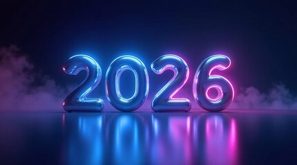 Metallic Number Balloons Spelling 2026 Glowing with Vibrant Blue and Pink Neon Lights