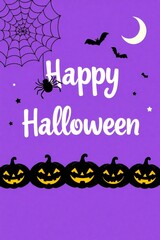 Happy halloween text with pumpkins bats moon and spider web