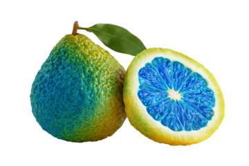 Surreal exotic fruit with a blue interior and green peel.