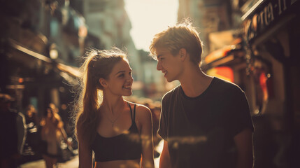 Fototapeta premium Young Couple Enjoys a Sunny Day Walking in the City