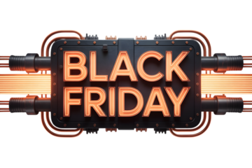 Black friday text on a futuristic sign with copper details isolated on transparent background