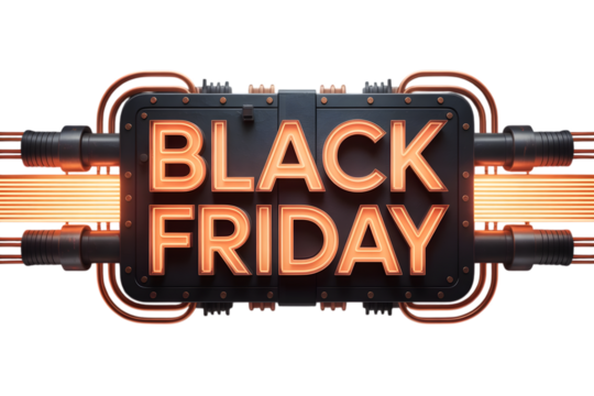 Black friday text on a futuristic sign with copper details isolated on transparent background