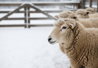 Obraz premium A close-up profile of a sheep with thick wool in the snow. A flock of livestock on a farm during a winter snowfall. Copy space for text