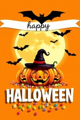 Spooky halloween pumpkin with bats and full moon illustration