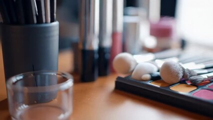 Assorted makeup brushes and cosmetics displayed on a table, beauty essentials arranged for a makeup session, vibrant colors evoke creativity and glamour
