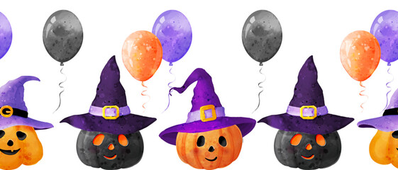 Seamless border with Jack's Lantern and balloons . Сute vector watercolor background with illustrations for the design of cards, posters for Halloween day,  paper, wrapping, packaging, wallpaper