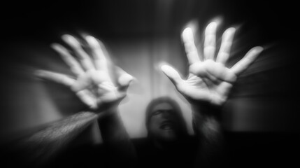 Abstract representation of nervous energy with vibrating hands and distorted peripheral vision in monochrome, symbolizing anxiety, tension, perception, and psychological intensity.