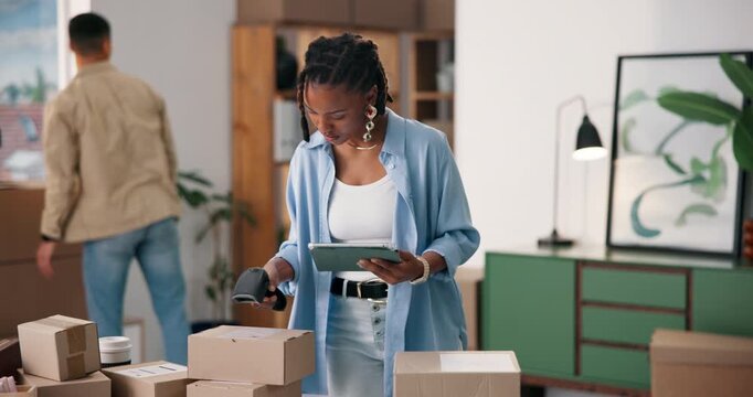 Small business, tablet or woman scan boxes for order accuracy, shipping process or track inventory. Team, online shop and people with CCD reader at ecommerce startup for parcel barcode and logistics