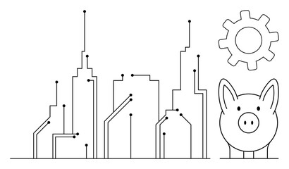 Stylized city skyline with circuit integration, piggy bank, and gear symbolizing finance, innovation, and progress. Ideal for urban economy, technology, savings, investment smart city industry