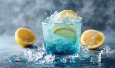 Refreshing blue cocktail with lemon slices and ice in a glass