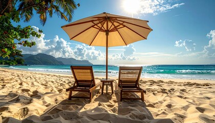 Tropical sunset over a sandy beach with sunbeds, chairs and parasols