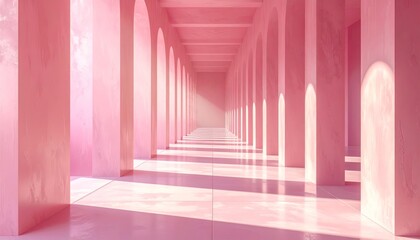 Fototapeta premium Long view of an empty corridor with pink walls. 
