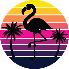 Retro Summer Sunset Flamingo Silhouette with Palm Trees Vector