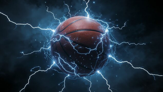 Basketball surrounded by glowing blue lightning on a dark smoky background - Powered by Adobe