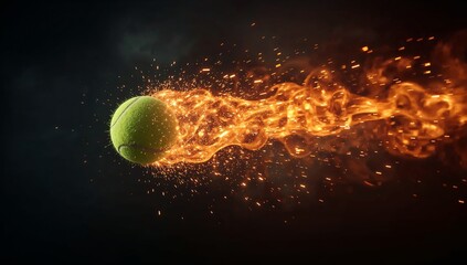 Green tennis ball with fiery trail flying fast on a black background