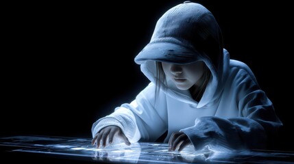 Child coding with AI integrated security, A focused individual interacts with a glowing digital interface, the blend of technology and human engagement in a dark setting
