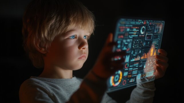 Child coding with AI integrated security, A focused child engages with a futuristic tablet displaying vibrant data visualizations, curiosity and technology's influence on youth