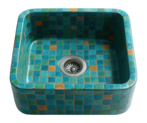 A single-basin kitchen sink crafted from recycled materials with a vibrant mosaic