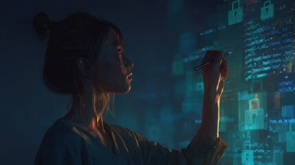 Child coding with AI integrated security, A silhouette of a woman writing on a digital interface filled with code and security symbols, themes of technology and creativity