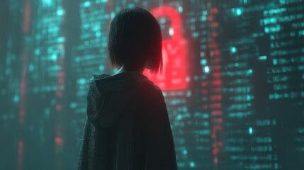 Child coding with AI integrated security, A figure stands in front of a digital backdrop of glowing data and a padlock, themes of technology and security