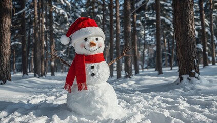 Obraz premium Winter snowman wearing red Santa hat and scarf in a snowy pine forest