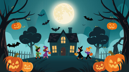 Full Moon Halloween Night with Kids Trick or Treating