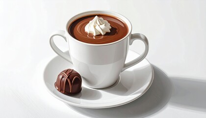 A comforting cup of hot chocolate with candy on a small plate, placed on a white-gray backdrop with soft lighting.