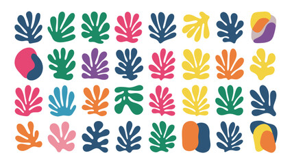 Fototapeta premium Vibrant collection of colorful abstract matisse inspired leaf shapes and organic forms arranged in a grid pattern on a white background