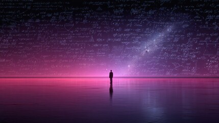 Child coding with AI integrated security, A figure stands in a surreal landscape, surrounded by a cosmic backdrop filled with equations, blending science and imagination