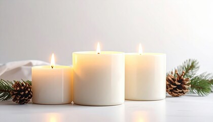 Christmas candles on a minimalist surface with soft candlelight, creating a cozy and warm atmosphere against a white background.