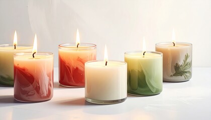 Christmas candles placed gently on a minimalist surface, glowing softly on a white background, creating a warm, cozy ambiance.