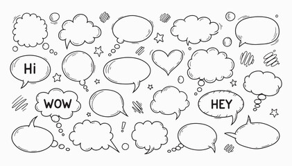 Collection of hand drawn doodle speech bubbles and thought clouds with words like hi wow hey for communication and ideas