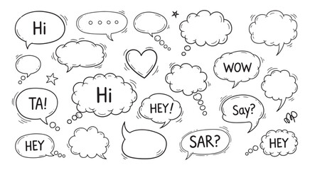 Obraz premium Collection of hand drawn speech bubbles and thought bubbles with various words and symbols for communication and ideas