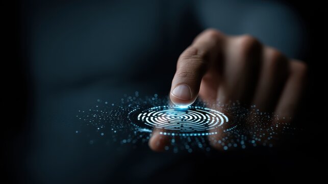 Child coding with AI integrated security, A hand touches a glowing digital interface, concentric circles of light, technology and interaction - Powered by Adobe